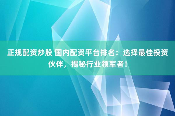 正规配资炒股 国内配资平台排名：选择最佳投资伙伴，揭秘行业领军者！